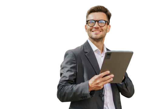 A man is using a tablet, a positive businessman in a suit is smiling and writing a message.  cut out background - Powered by Adobe