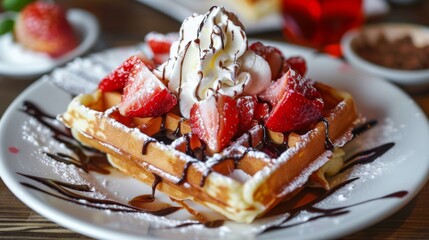 A plate of Belgian waffles topped with strawberries, whipped cream, and a drizzle of chocolate sauce.
