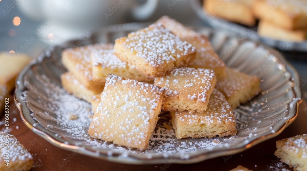 Poster A plate of buttery shortbread cookies with a crumbly texture and dusted with powdered sugar.