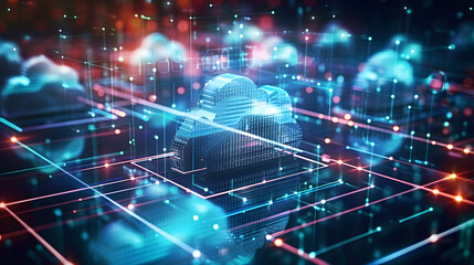 Obraz premium Cloud computing transfers data across global network for virtualized digital services. Concept Cloud Computing, Data Transfer, Global Network, Virtualized Services, Digital Transformation