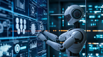 Businessman touch automated data management system to create reports and indicators connected to the database. Data analysis with intelligent robot technology in business analysis