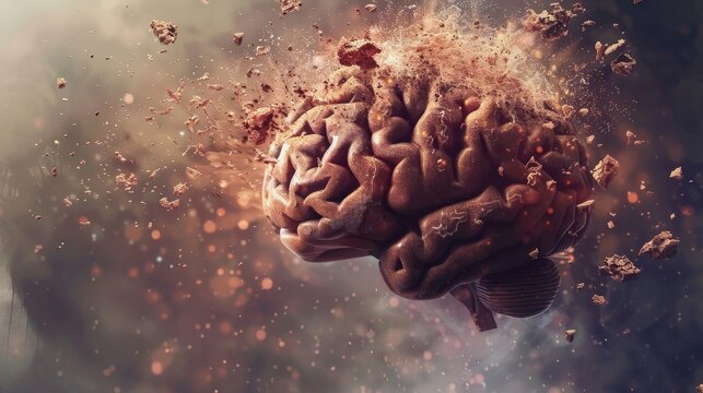 Exploding brain with fiery elements and particles in a dramatic scene
