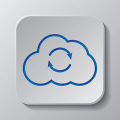 Loading, cloud simple icon vector. Flat design. Paper cut design. Cutted blue symbol with shadow. Gray badge button, gray background