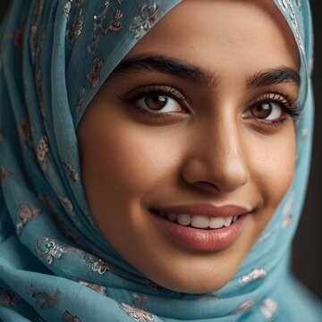 Portrait of a smiling muslim girl in hijab. Close-up face of Arabic young woman with beautiful eyes.