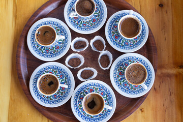 Turkish Coffee (Türk Kahvesi) and Colorful Turkish Delights in a Traditional Ottoman Tile Cup, Üsküdar Istanbul, Turkiye (Turkey)