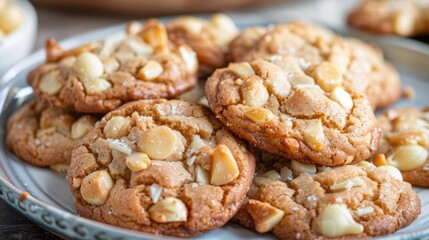Obraz premium A plate of macadamia nut cookies with chunks of nuts and white chocolate chips, served on a dessert plate.