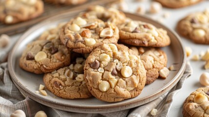 A plate of macadamia nut cookies with chunks of nuts and white chocolate chips, served on a dessert plate.
