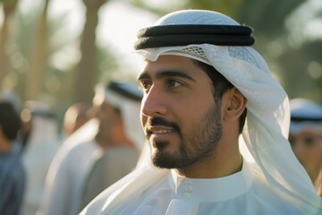 Portrait of a man in traditional Arab attire, smiling in sunlight.
