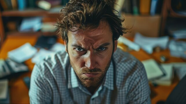 Angry worker in a chaotic office with intense expressions and strong contrasts