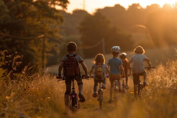 Fototapeta premium Children cycling through a golden field at sunset.