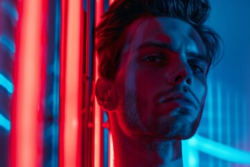 Dramatic portrait lit by neon red and blue lights, creating a moody atmosphere.