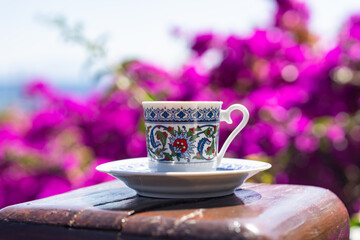 Turkish Coffee (Türk Kahvesi) and Colorful Turkish Delights in a Traditional Ottoman Tile Cup, Üsküdar Istanbul, Turkiye (Turkey)