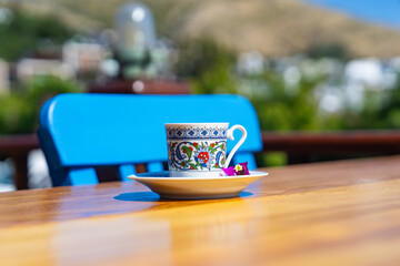 Turkish Coffee (Türk Kahvesi) and Colorful Turkish Delights in a Traditional Ottoman Tile Cup, Üsküdar Istanbul, Turkiye (Turkey)