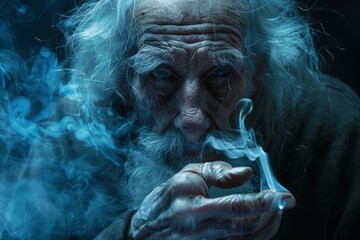 Elderly mystic with piercing eyes surrounded by ethereal blue smoke.
