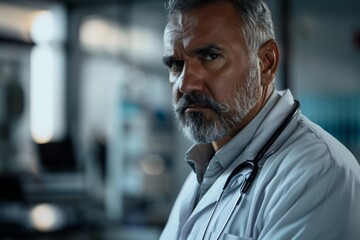 Obraz premium Experienced doctor with stern expression in clinical setting.