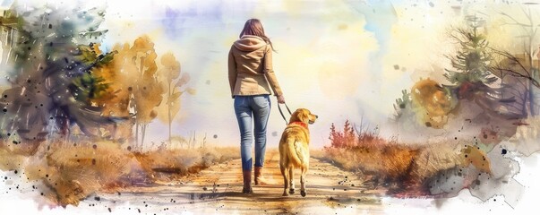 A woman walking her dog on a serene autumn path, depicted in a watercolor style, surrounded by autumn foliage and a tranquil atmosphere.