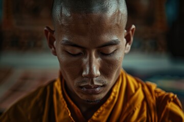 Fototapeta premium Serene Buddhist monk in deep meditation, eyes closed, wearing saffron robes.