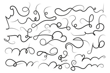 Obraz premium Curly swirl decorative swishes, Hand drawn calligraphy lettering ornate strokes, flourish swirling squiggle Highlight Swoosh typography text elements. Pen Filigree flourishes vintage scrolls 