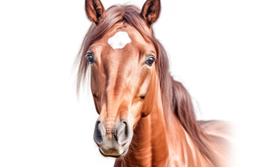 A brown horse with a white face is looking at the camera.