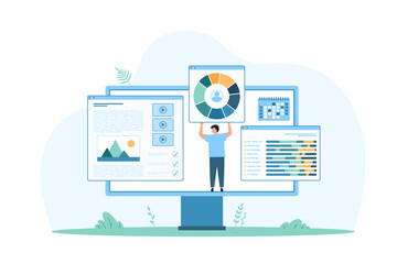 Person building a website with multiple data charts and analysis tools on a large screen, representing digital creation and data-driven design vector illustration.