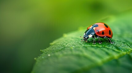Fototapeta premium Close-up Encounter: Beautiful Ladybug on Vivid Green Leaf