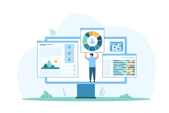 Person building a website with multiple data charts and analysis tools on a large screen, representing digital creation and data-driven design vector illustration.