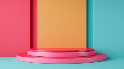 Colorful stage and podium mockup featuring modern machinery elements with opposite color principles designed to create striking visuals for innovative tech-themed advertising. Clean and Clear Color,