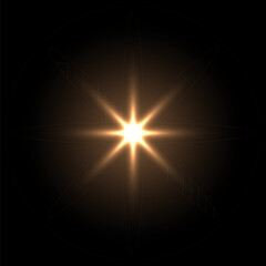 Shine light with flash effect. Golden glow star glared on black background. Bright sparkling vector illustration. Flash of light with ray beams in space. Abstract sunshine sparkle glare