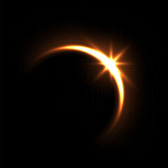 Solar eclipse overlay effect on black background vector illustration. Neon yellow blazing star edge behind planet in dark sky or space, sunrise in cosmos