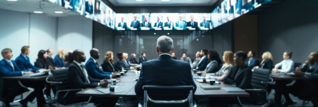 Online video conference social distancing webinar business meeting, secretive meeting of leaders, team of government agents politicians, diverse business people, social distance work concept - Powered by Adobe