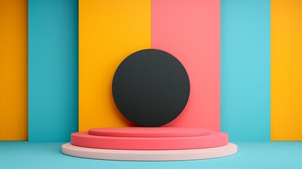 Tech-inspired stage and podium mockup with modern machinery elements and vibrant opposite colors suitable for engaging advertising presentations requiring bold and dynamic imagery. Clean and Clear