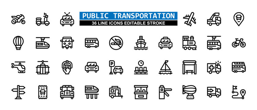 36 Public Transportation Line Icons Set Pack Editable Stroke Vector Illustration.