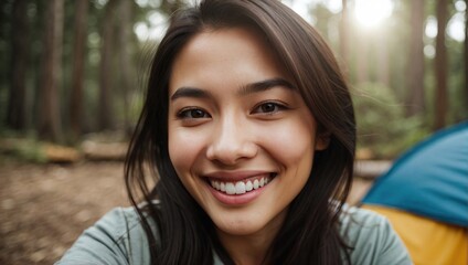 A young asian woman with long dark hair and a radiant smile, standing in a forest clearing with a tent in the background, enjoying the natural surroundings.