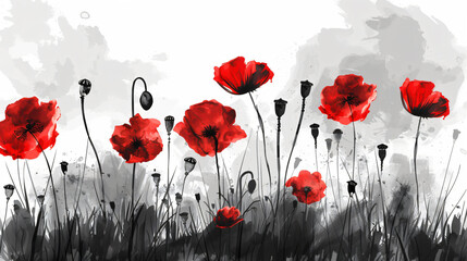 Red poppies in the field, illustration, ink style, hand drawn, simple background, black and white, high contrast, red flowers