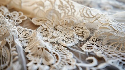 Obraz premium Elegantly Detailed - Close-up of Intricate Lace Patterns on Vintage Wedding Gown