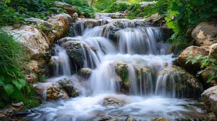 Fototapeta premium Soft-focus image of a gentle waterfall cascading over rocks, creating a serene landscape 
