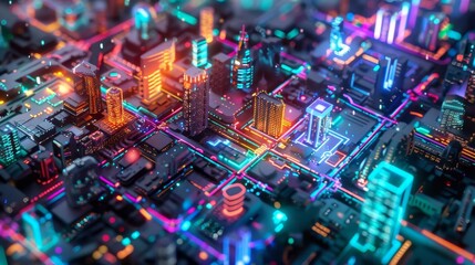 Obraz premium Futuristic neon cityscape with vibrant lights and glowing skyscrapers