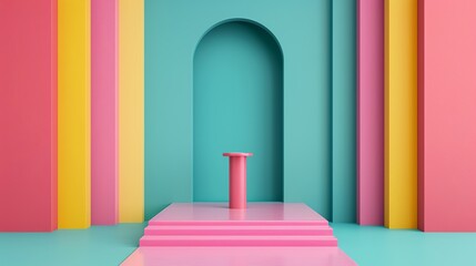 Colorful stage and podium mockup featuring modern machinery elements with opposite color principles designed to create bold and eye-catching visuals for technology advertising. Clean and Clear Color,