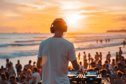 A DJ performs in front of a large crowd at a beach party during sunset. The sun is setting over the ocean, and the waves are crashing in the background.