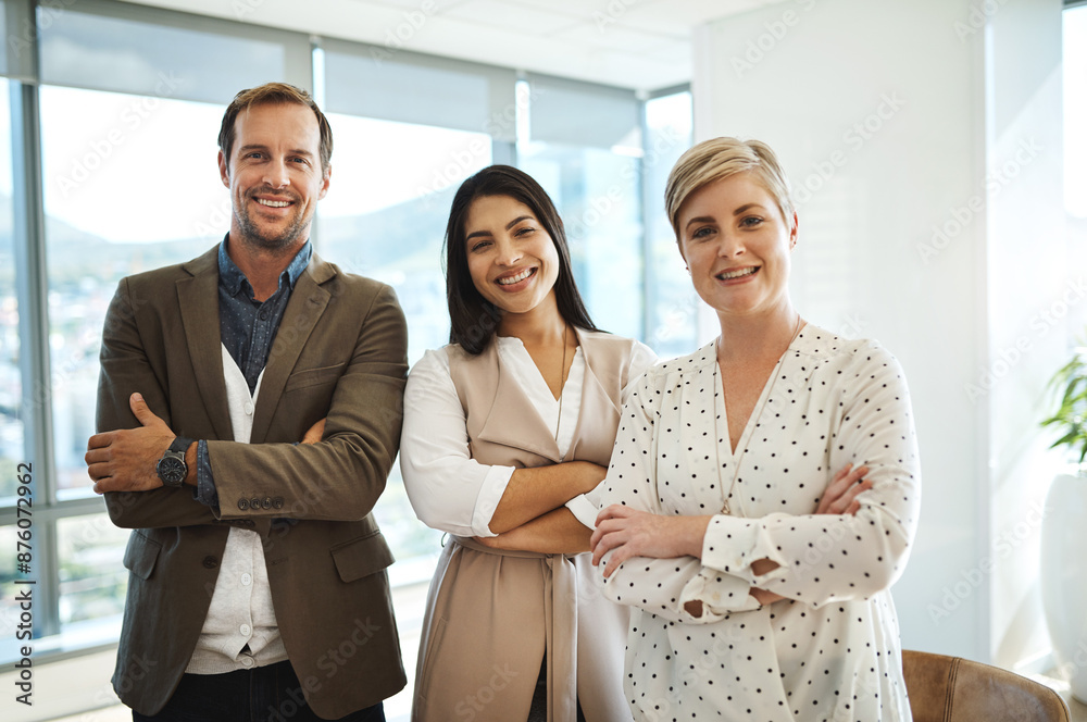 Sticker Portrait, business people and arms crossed in office for pride, solidarity and united for mission. Employees, together and collaboration in workplace, support and diversity for company cooperation