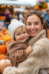 Obraz premium Mother and child having fun at autumn fair. Funny kid surrounded by pumpkins at seasonal town market. Thanksgiving fun and activities for families with kids.
