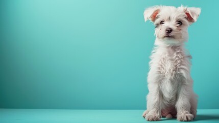 A happy Lamb puppy sitting on a solid mint blue background with space above for text, illustration background