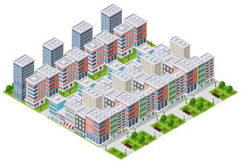 Modern isometric city center with skyscrapers, buildings, parks, and trees