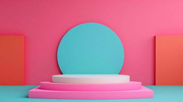 Colorful stage and podium mockup featuring modern machinery elements with opposite color principles designed to create striking and innovative visuals for tech-themed advertising. Clean and Clear
