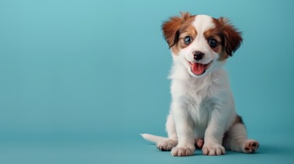 A happy Seal Pup puppy sitting on a solid mint blue background with space above for text, illustration background