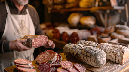 A farm market stall with charcuterie board with a variety of cured meats and sausages on display at a market stall, food photography concept. store for gourmets. Eco, bio, eco friendly Farmers Market