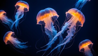Fototapeta premium Jellyfish Japanese Sea Nettle, Blue neon glow light, dark background