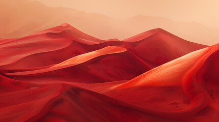 A desert landscape with red sand dunes and mountains in the background
