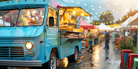 Colorful food truck illuminated by string lights at night. Selling snacks and drinks at music festival. Catering at city fair.