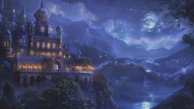 The moon and stars shine over the palace on the beautiful mountain